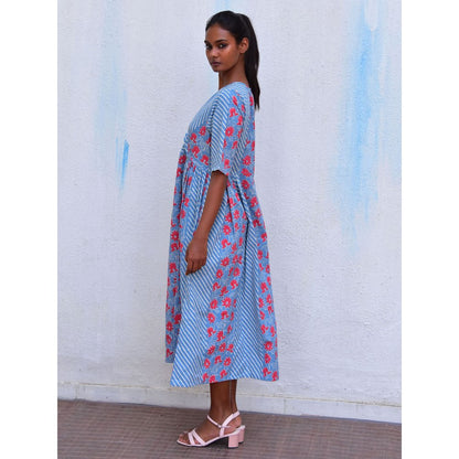 Chidiyaa Smell of Rain Aqua Vista Hand Block Printed Cotton Dress