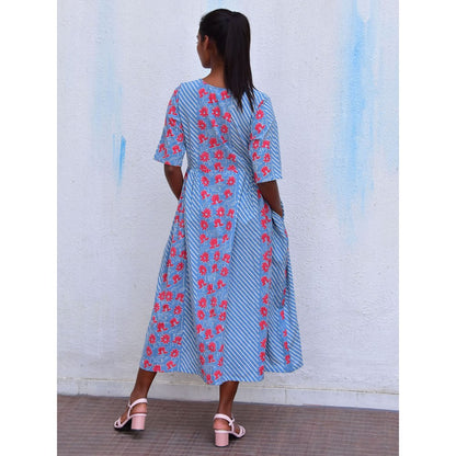 Chidiyaa Smell of Rain Aqua Vista Hand Block Printed Cotton Dress