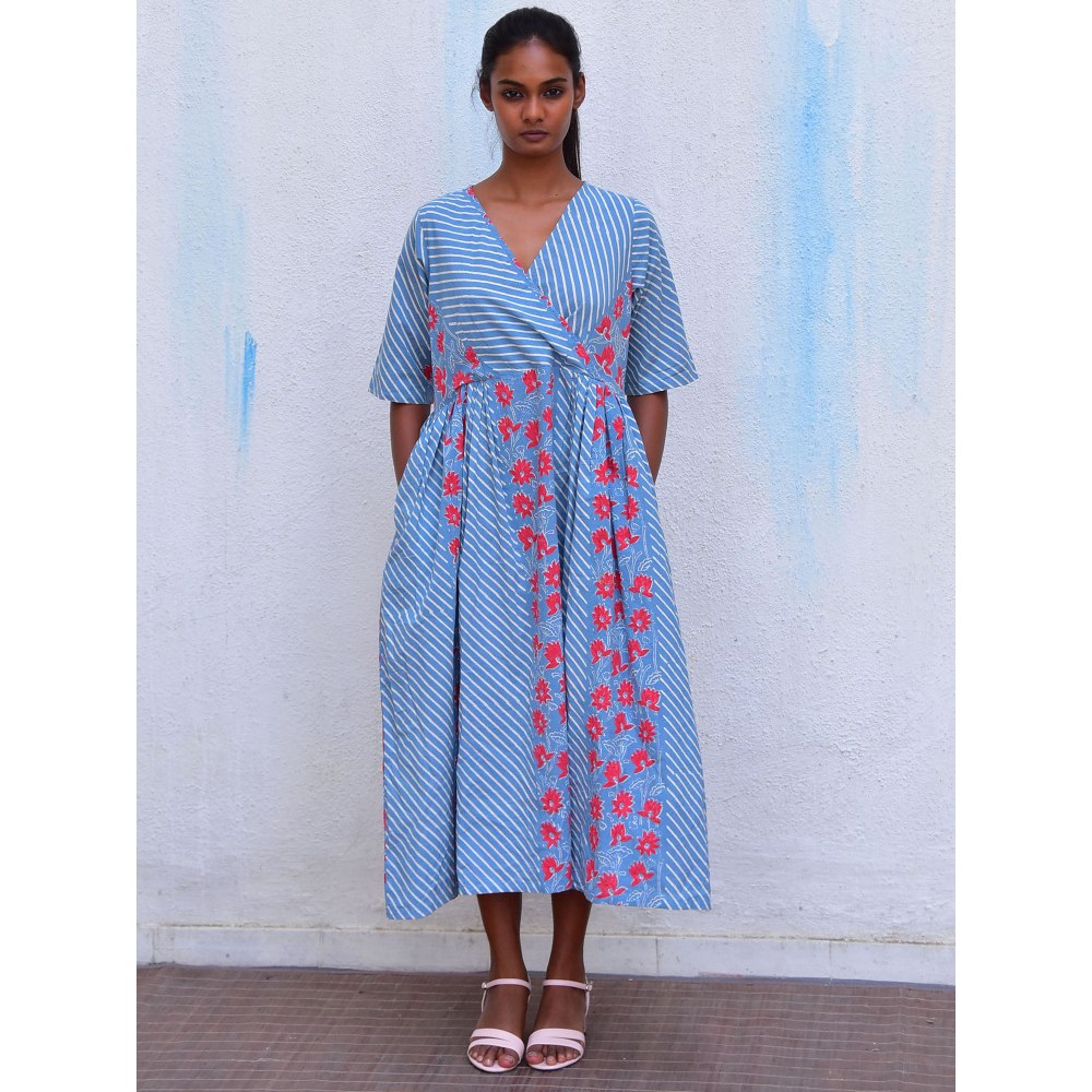 Chidiyaa Smell of Rain Aqua Vista Hand Block Printed Cotton Dress