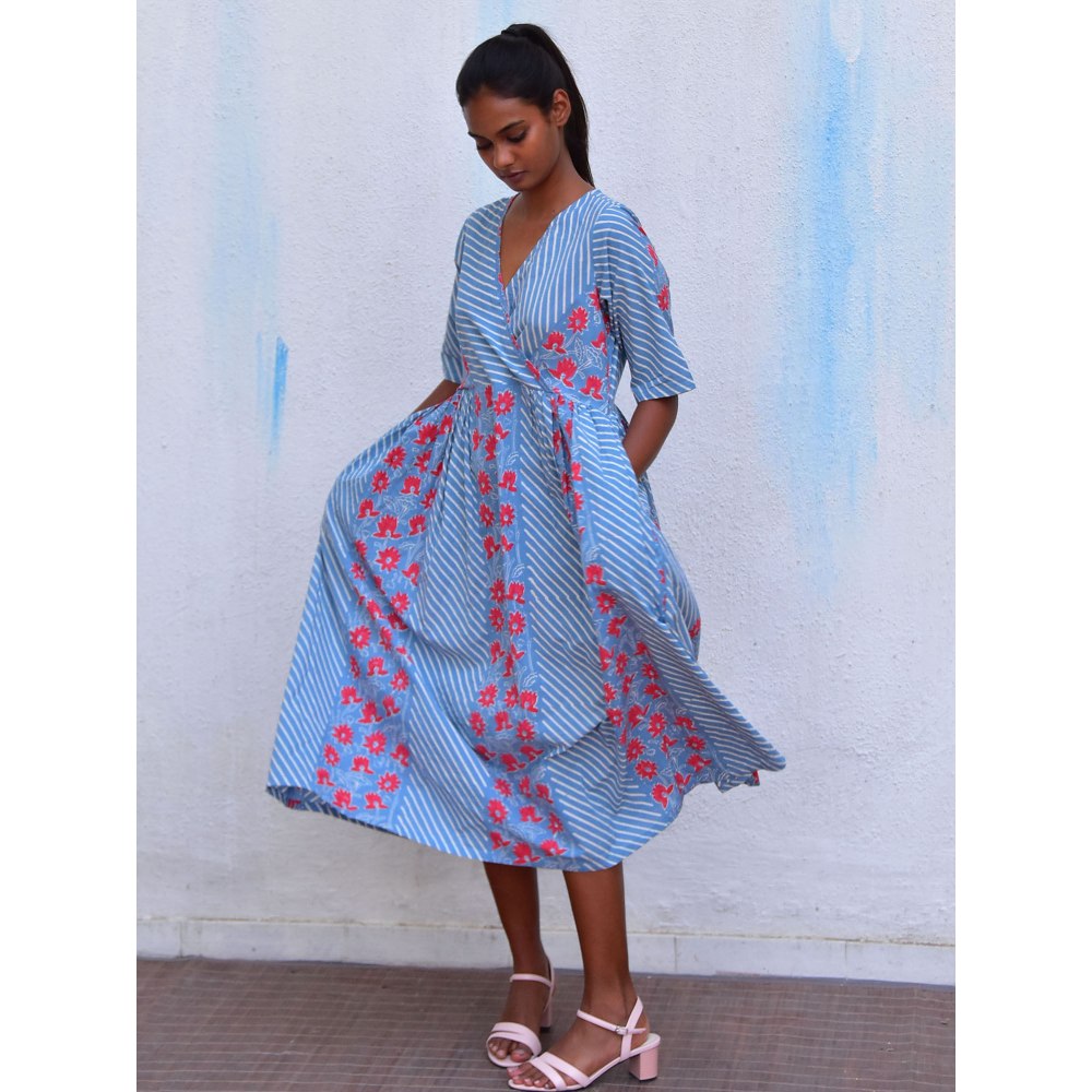 Chidiyaa Smell of Rain Aqua Vista Hand Block Printed Cotton Dress