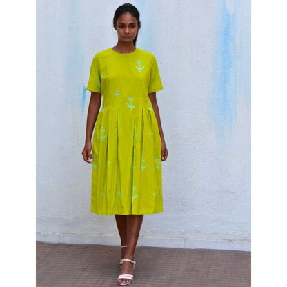 Chidiyaa Smell of Rain Forest Fern Hand Block Printed Cotton Dress