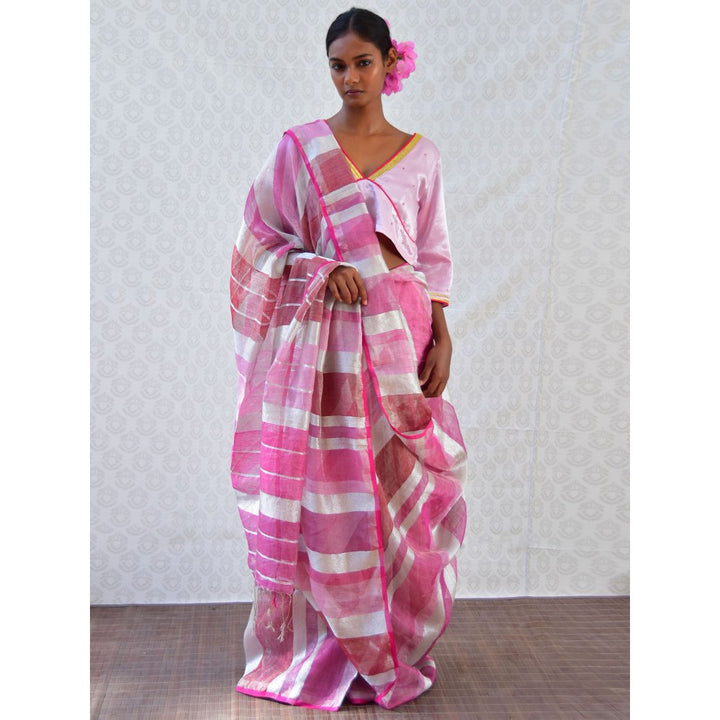 Chidiyaa Bougainvillea Pink Handwoven Linen Stripes Saree with Unstitched Blouse