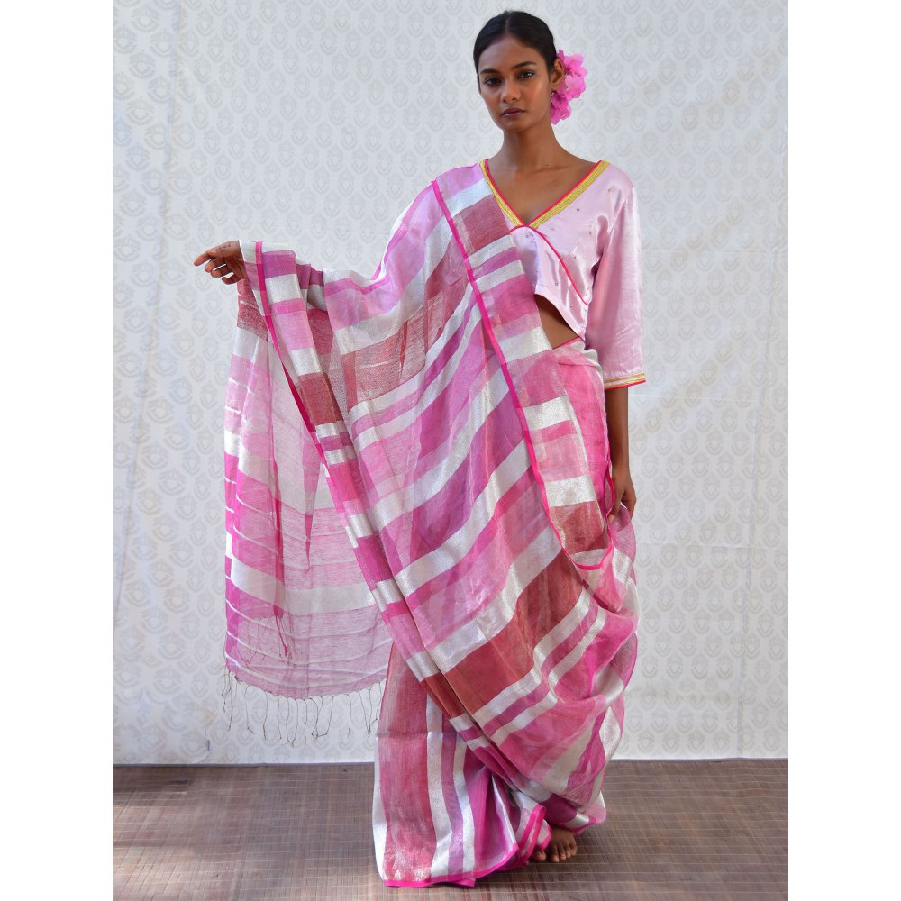 Chidiyaa Bougainvillea Pink Handwoven Linen Stripes Saree with Unstitched Blouse