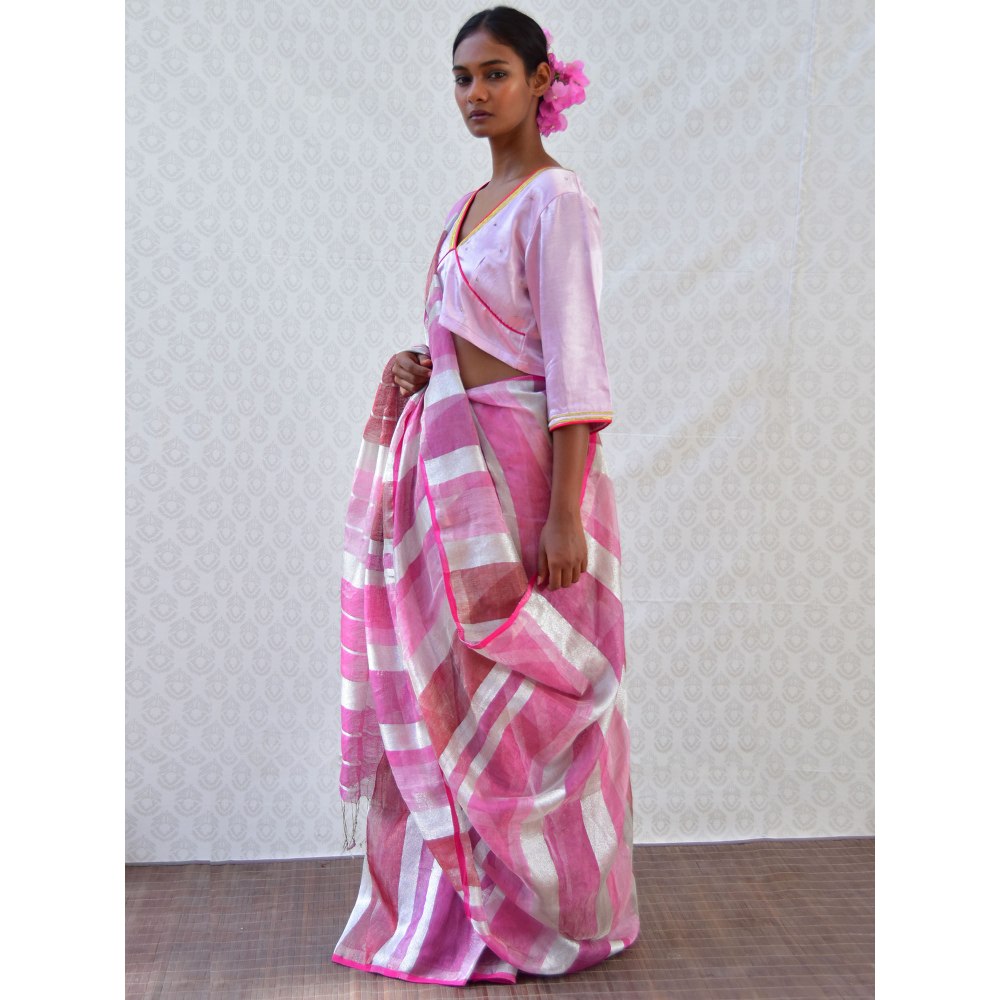 Chidiyaa Bougainvillea Pink Handwoven Linen Stripes Saree with Unstitched Blouse