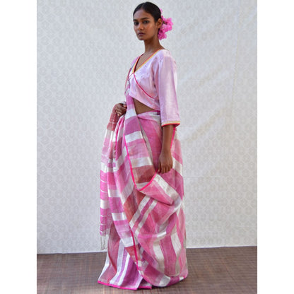 Chidiyaa Bougainvillea Pink Handwoven Linen Stripes Saree with Unstitched Blouse