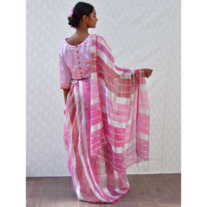 Chidiyaa Bougainvillea Pink Handwoven Linen Stripes Saree with Unstitched Blouse