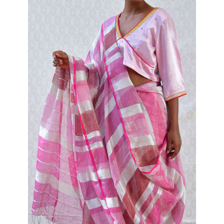 Chidiyaa Bougainvillea Pink Handwoven Linen Stripes Saree with Unstitched Blouse