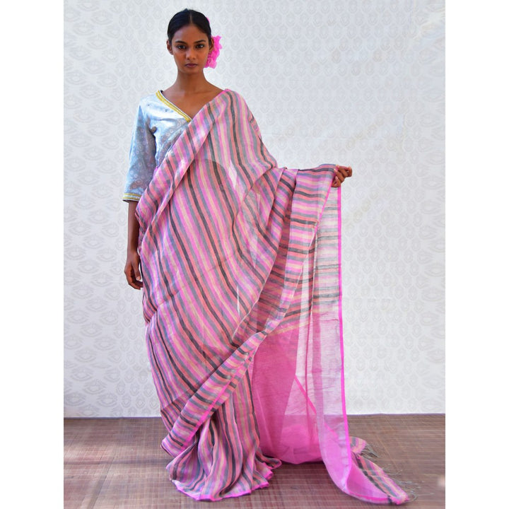 Chidiyaa Bougainvillea Evening Rose Handwoven Stripes Linen Saree with Unstitched Blouse
