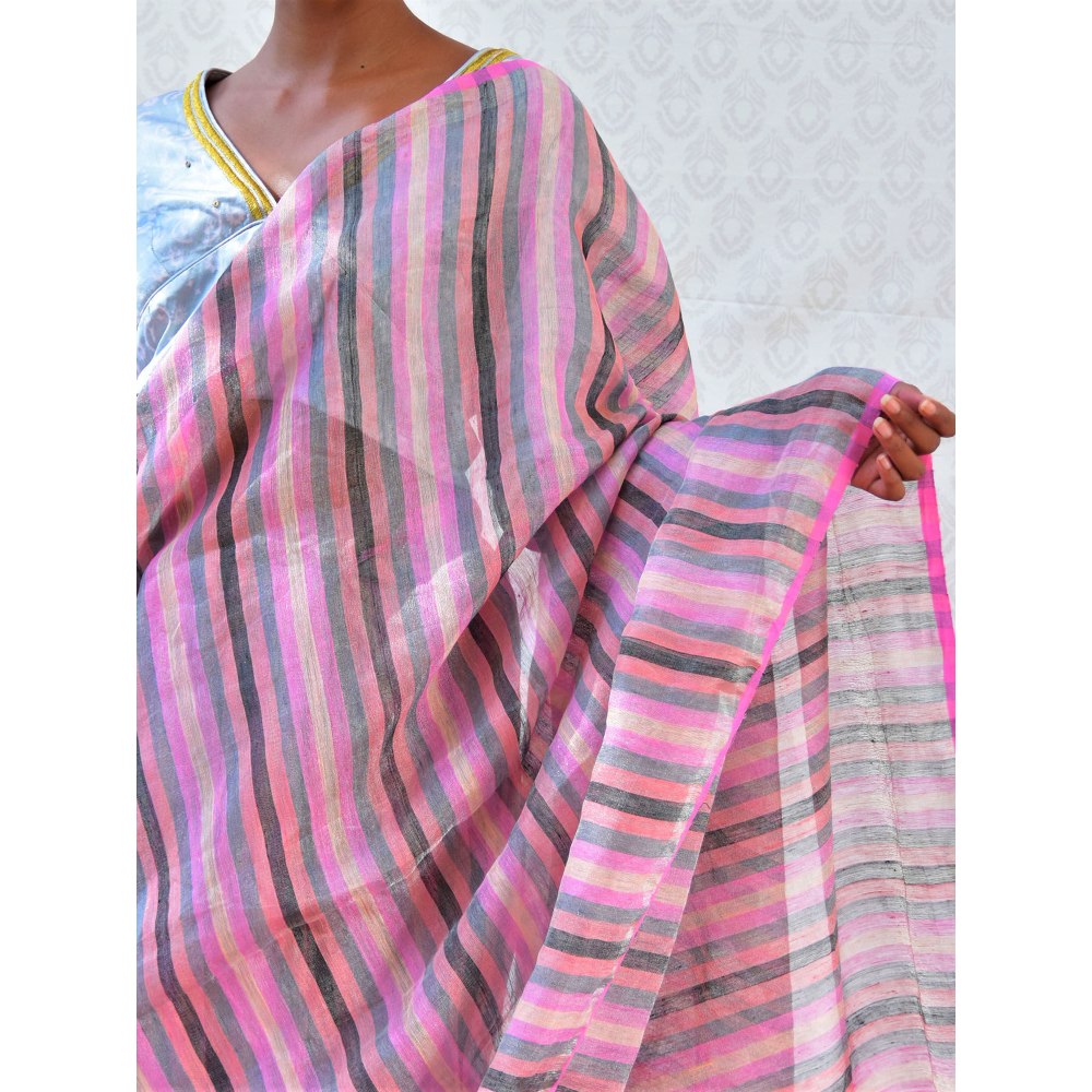 Chidiyaa Bougainvillea Evening Rose Handwoven Stripes Linen Saree with Unstitched Blouse