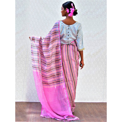 Chidiyaa Bougainvillea Evening Rose Handwoven Stripes Linen Saree with Unstitched Blouse