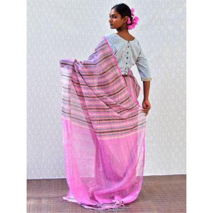 Chidiyaa Bougainvillea Evening Rose Handwoven Stripes Linen Saree with Unstitched Blouse