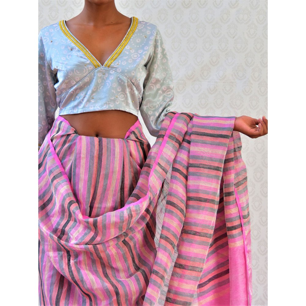 Chidiyaa Bougainvillea Evening Rose Handwoven Stripes Linen Saree with Unstitched Blouse