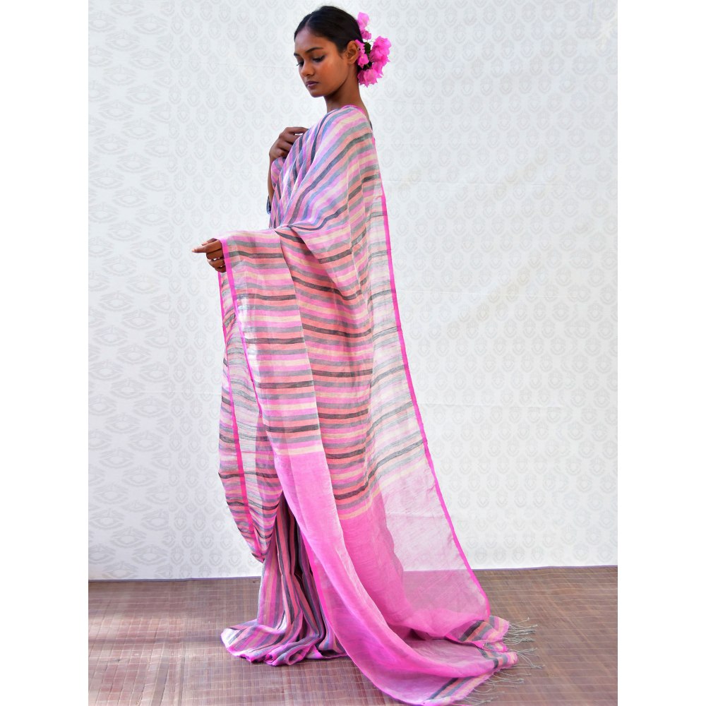 Chidiyaa Bougainvillea Evening Rose Handwoven Stripes Linen Saree with Unstitched Blouse