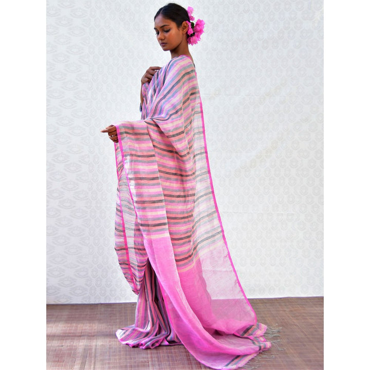Chidiyaa Bougainvillea Evening Rose Handwoven Stripes Linen Saree with Unstitched Blouse