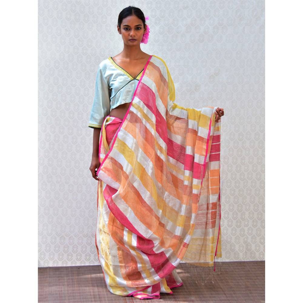Chidiyaa Bougainvillea Citrus Multi-Color Handwoven Linen Stripes Saree with Unstitched Blouse