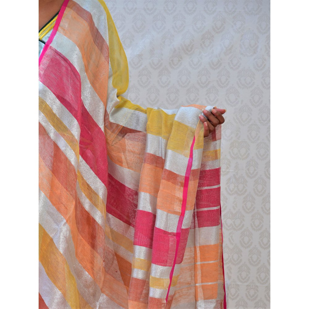 Chidiyaa Bougainvillea Citrus Multi-Color Handwoven Linen Stripes Saree with Unstitched Blouse