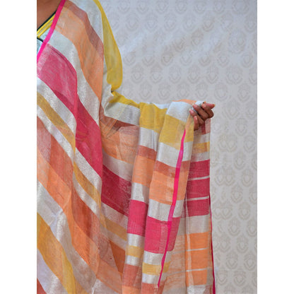 Chidiyaa Bougainvillea Citrus Multi-Color Handwoven Linen Stripes Saree with Unstitched Blouse