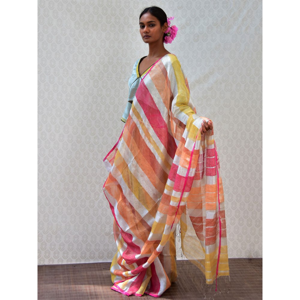 Chidiyaa Bougainvillea Citrus Multi-Color Handwoven Linen Stripes Saree with Unstitched Blouse