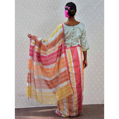 Chidiyaa Bougainvillea Citrus Multi-Color Handwoven Linen Stripes Saree with Unstitched Blouse