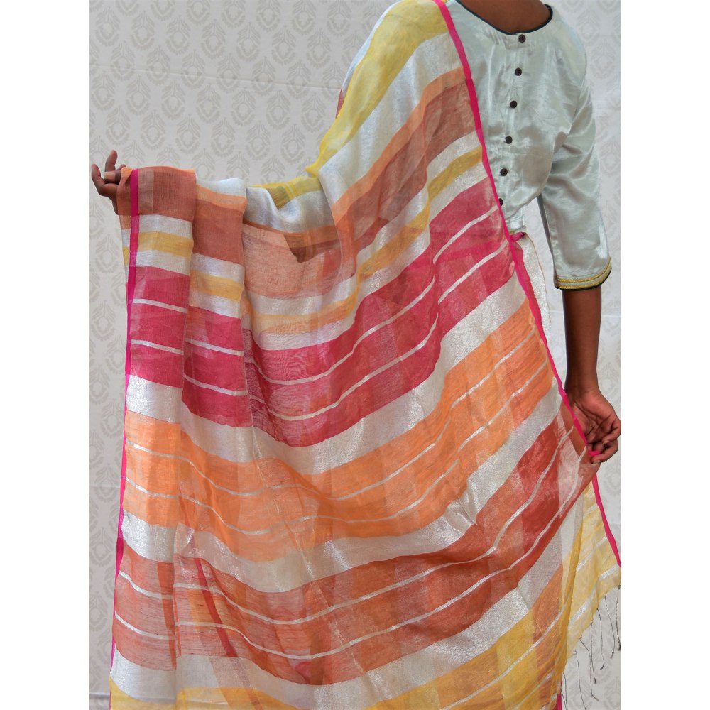 Chidiyaa Bougainvillea Citrus Multi-Color Handwoven Linen Stripes Saree with Unstitched Blouse