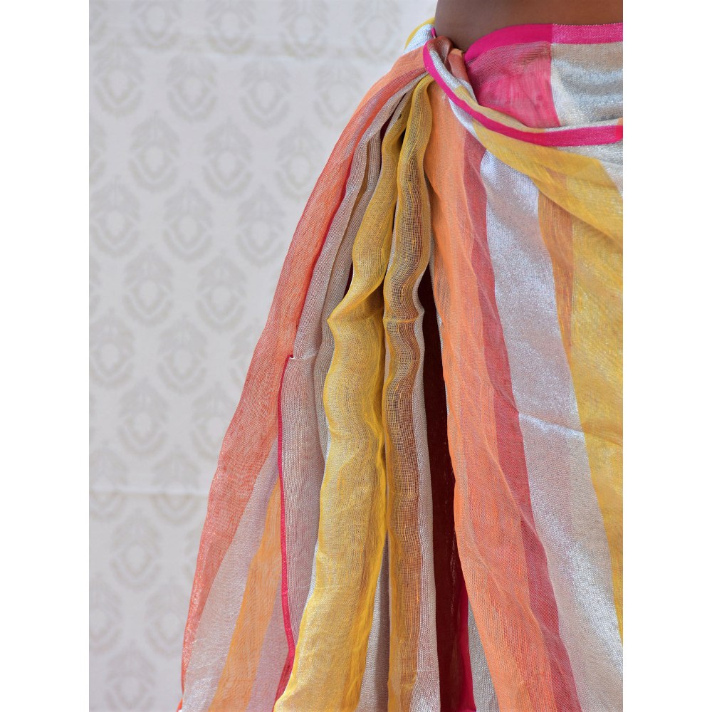 Chidiyaa Bougainvillea Citrus Multi-Color Handwoven Linen Stripes Saree with Unstitched Blouse