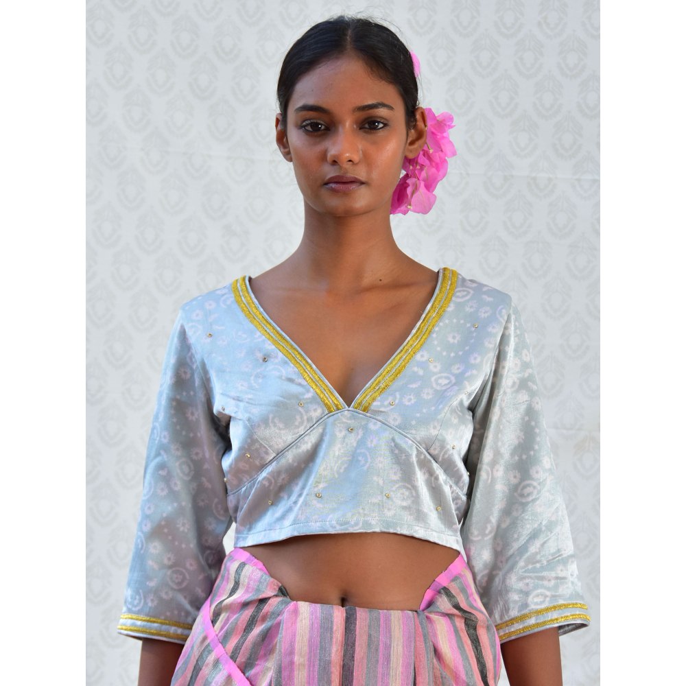 Chidiyaa Bougainvillea Baby Blue Handblock Printed Mashru Silk Blouse