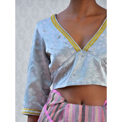 Chidiyaa Bougainvillea Baby Blue Handblock Printed Mashru Silk Blouse