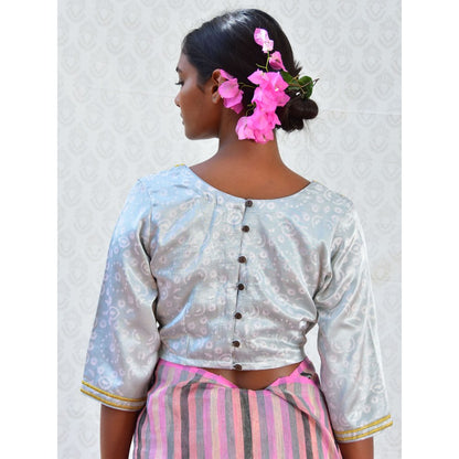 Chidiyaa Bougainvillea Baby Blue Handblock Printed Mashru Silk Blouse