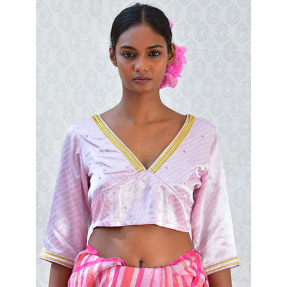 Chidiyaa Bougainvillea Lavender Sip Handblock Stripes Printed Mashru Silk Blouse