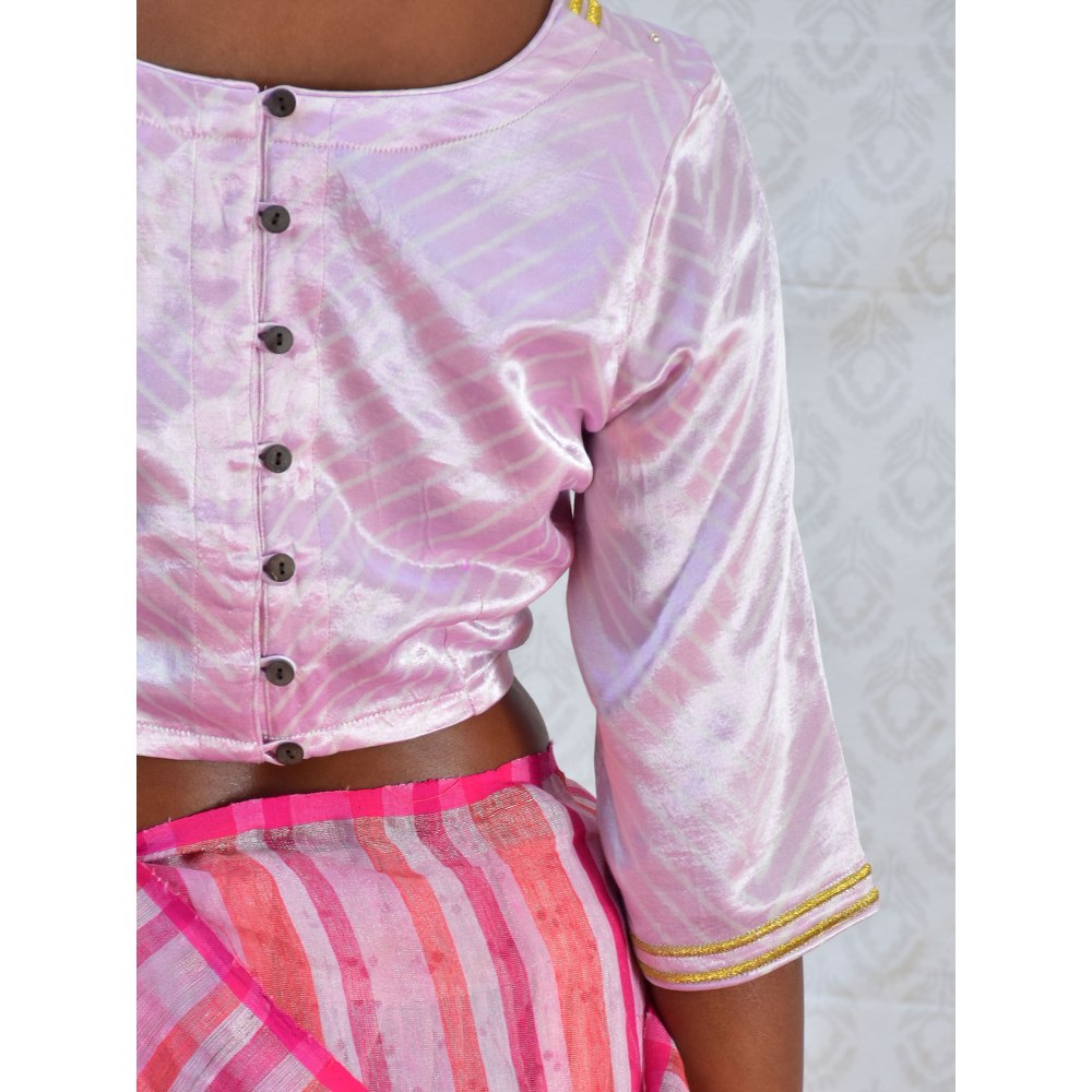 Chidiyaa Bougainvillea Lavender Sip Handblock Stripes Printed Mashru Silk Blouse