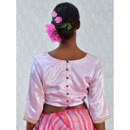 Chidiyaa Bougainvillea Lavender Sip Handblock Stripes Printed Mashru Silk Blouse