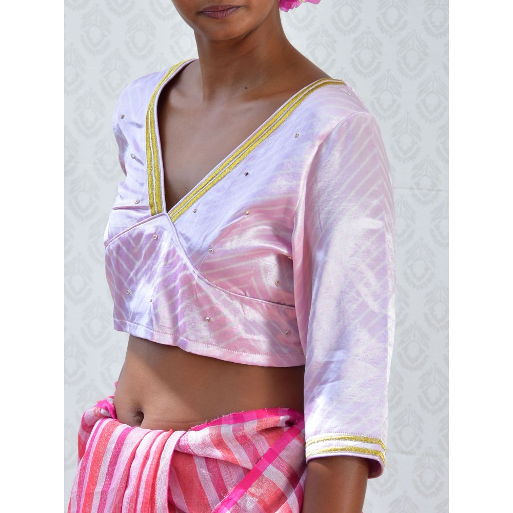 Chidiyaa Bougainvillea Lavender Sip Handblock Stripes Printed Mashru Silk Blouse