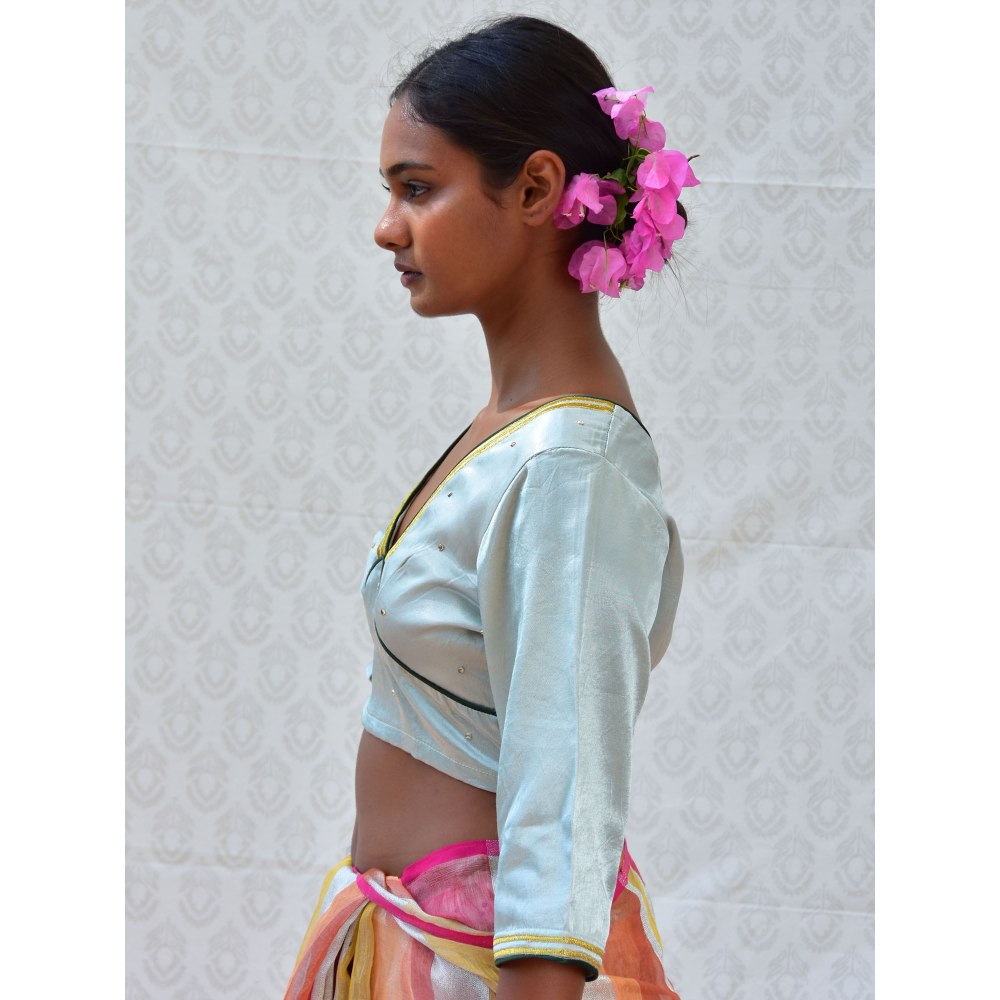 Chidiyaa Bougainvillea Aqua Green Hand Embroidered Mashru Silk Blouse