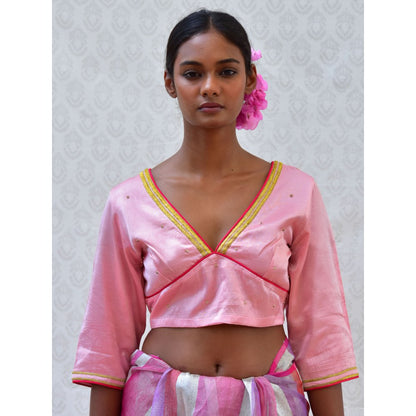 Chidiyaa Bougainvillea Cherry Pink Hand Embroidered Mashru Silk Blouse