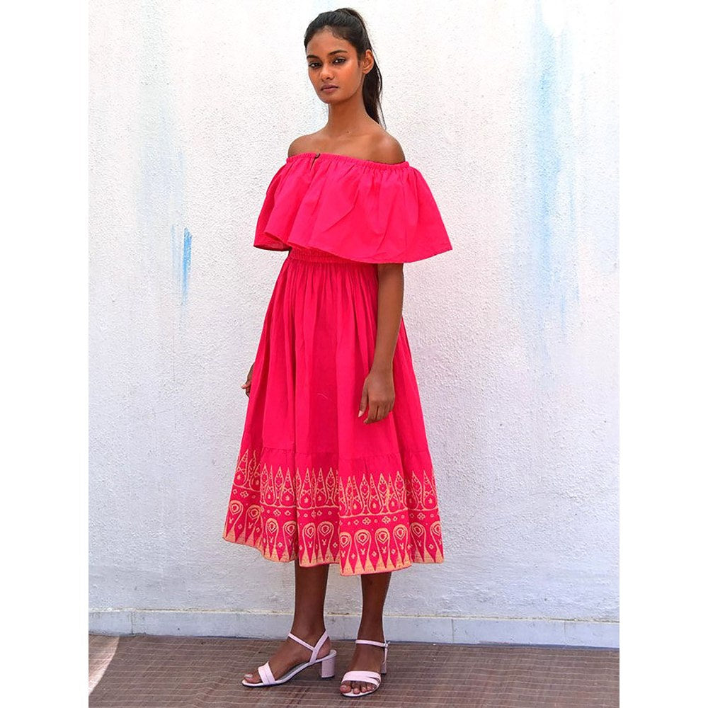 Chidiyaa Smell of Rain Rani Off Shoulder Hand Block Printed Cotton Dress