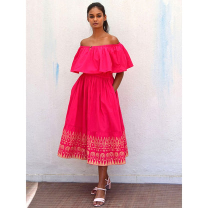 Chidiyaa Smell of Rain Rani Off Shoulder Hand Block Printed Cotton Dress