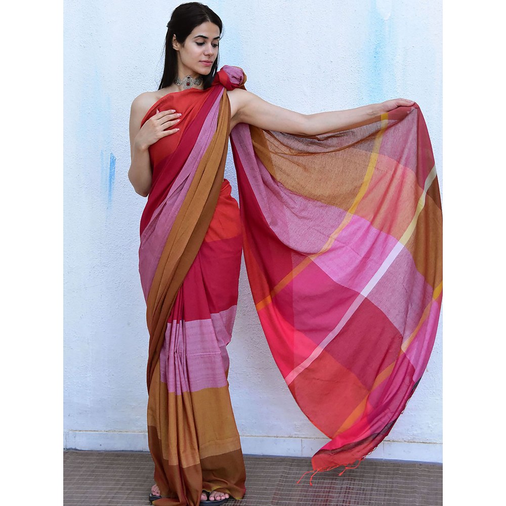 Chidiyaa Leela Dahlia Handwoven Cotton Saree with Unstitched Blouse