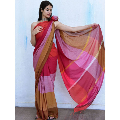 Chidiyaa Leela Dahlia Handwoven Cotton Saree with Unstitched Blouse