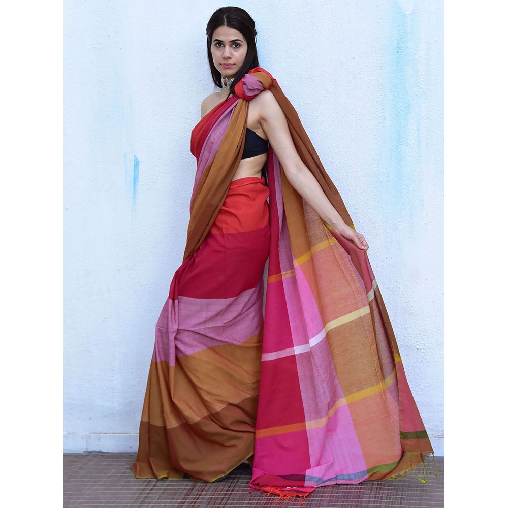 Chidiyaa Leela Dahlia Handwoven Cotton Saree with Unstitched Blouse