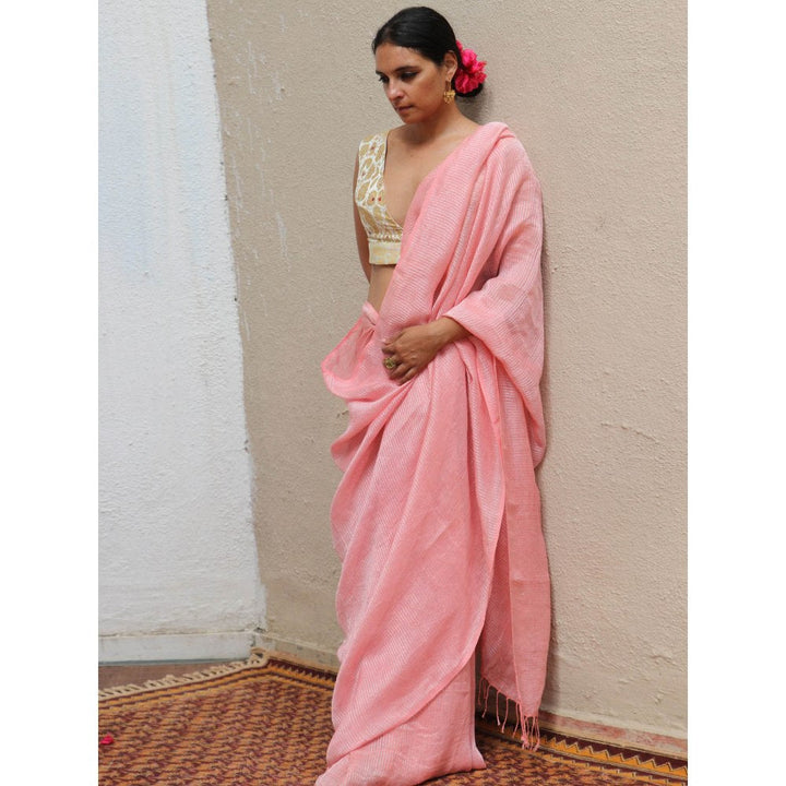 Chidiyaa Thread of Gold Dilruba Baby Pink Handwoven Linen Zari Saree with Unstitched Blouse
