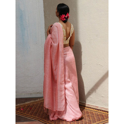 Chidiyaa Thread of Gold Dilruba Baby Pink Handwoven Linen Zari Saree with Unstitched Blouse