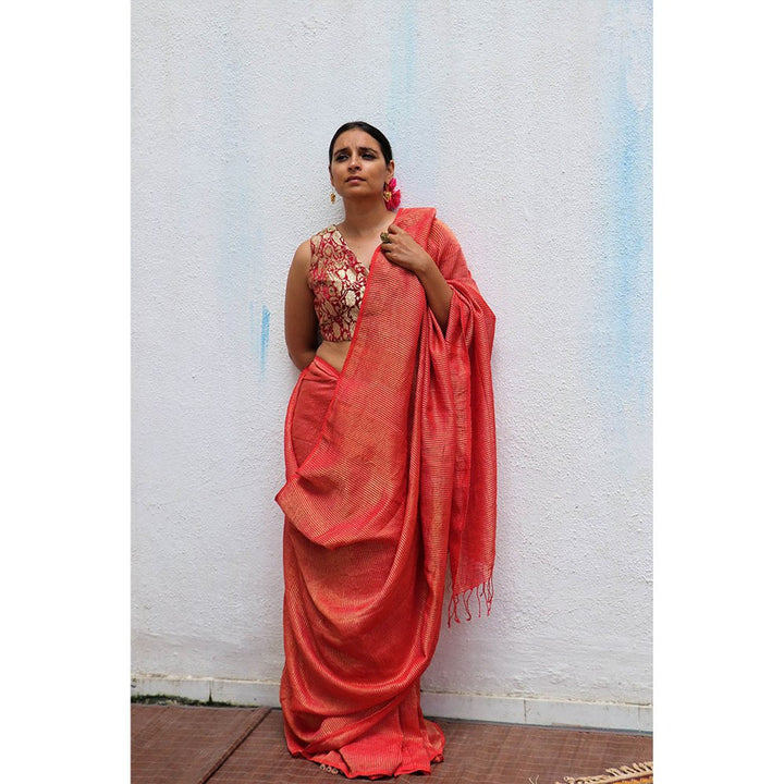 Chidiyaa Thread of Gold Saffron Handwoven Linen Zari Saree with Unstitched Blouse