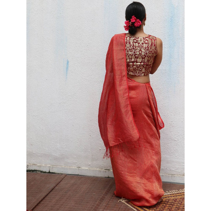 Chidiyaa Thread of Gold Saffron Handwoven Linen Zari Saree with Unstitched Blouse