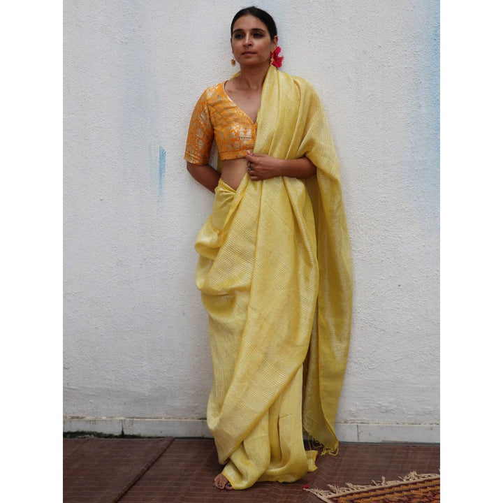 Chidiyaa Thread of Gold Amber Handwoven Linen Zari Saree with Unstitched Blouse