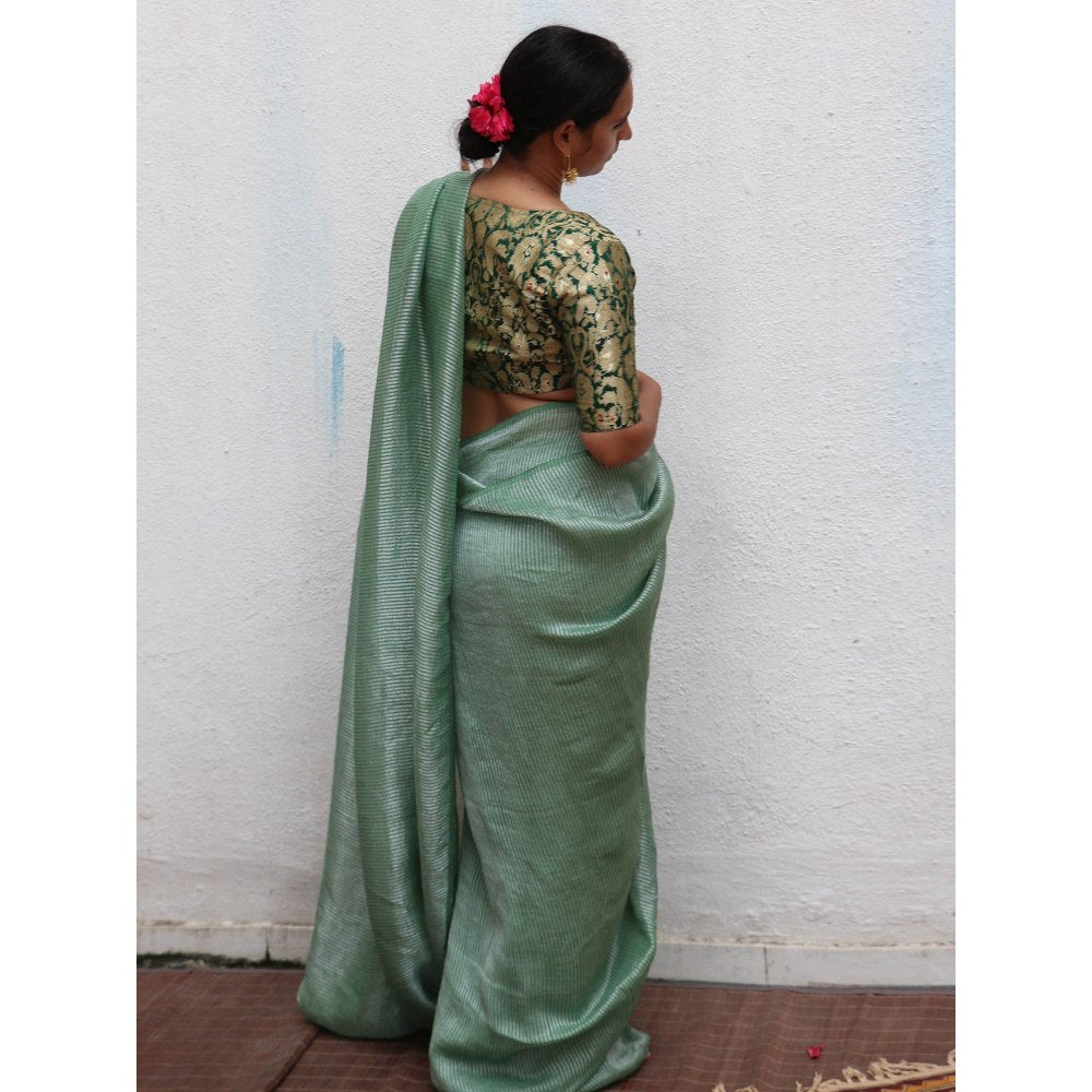 Chidiyaa Thread of Gold Lush Green Handwoven Linen Zari Saree with Unstitched Blouse