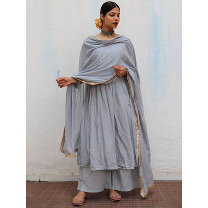 Chidiyaa Jugnu Noor Grey Mulmul Cotton Kurta Pants with Dupatta (Set of 3)