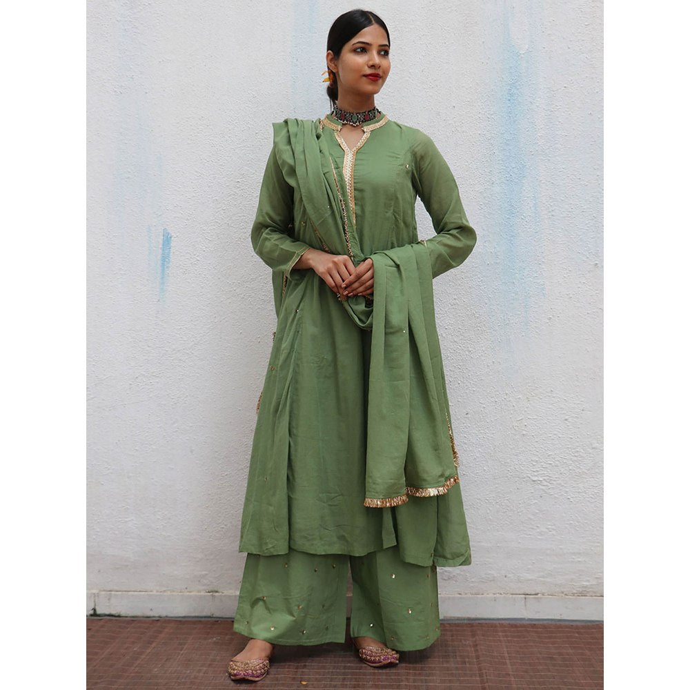 Chidiyaa Jugnu Akash Green Mulmul Cotton Kurta Pants with Dupatta (Set of 3)
