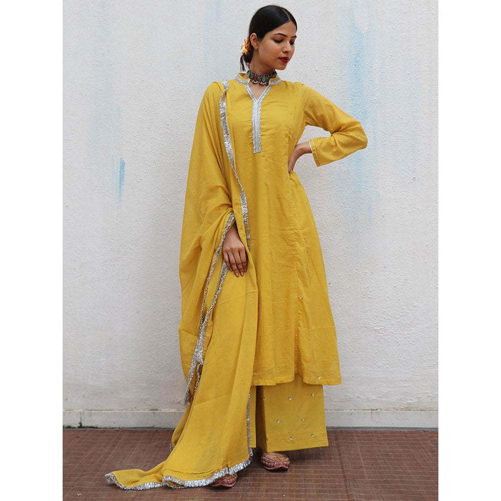 Chidiyaa Jugnu Manjari Mustard Mulmul Cotton Kurta Pants with Dupatta (Set of 3)