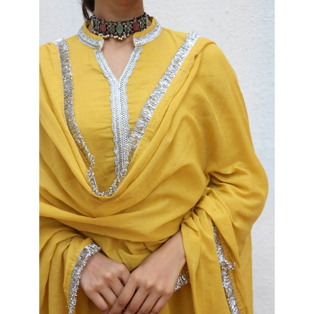 Chidiyaa Jugnu Manjari Mustard Mulmul Cotton Kurta Pants with Dupatta (Set of 3)