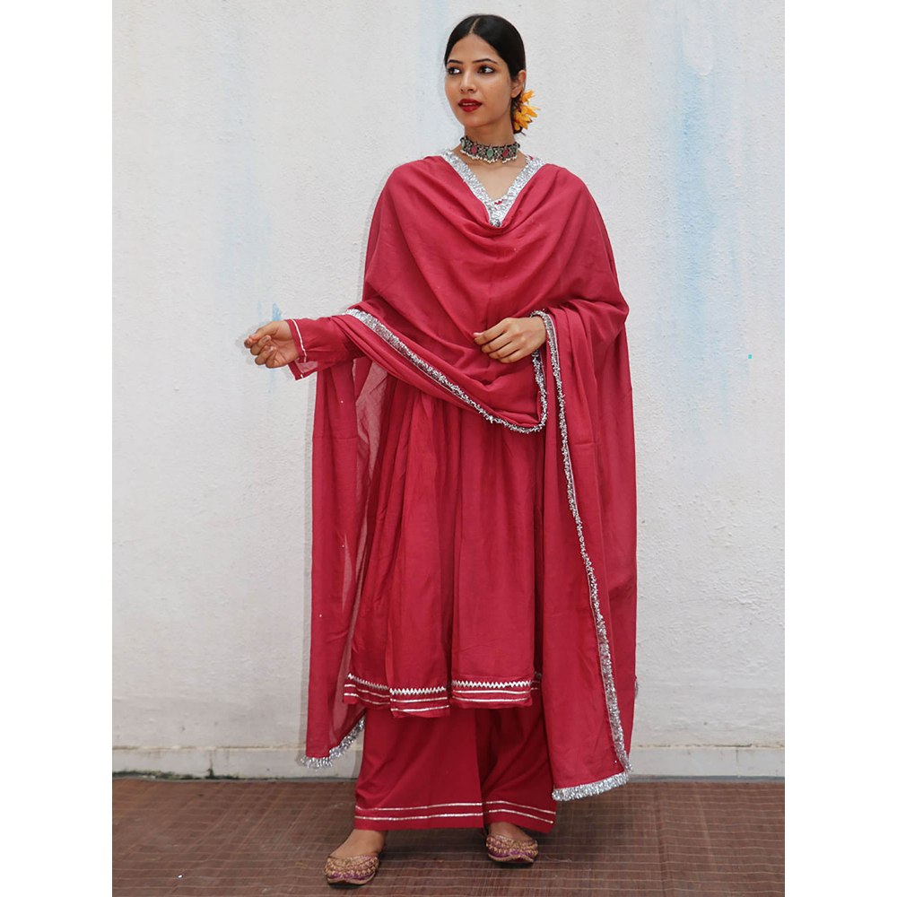 Chidiyaa Jugnu Kusum Red Mulmul Cotton Kurta Pants with Dupatta (Set of 3)